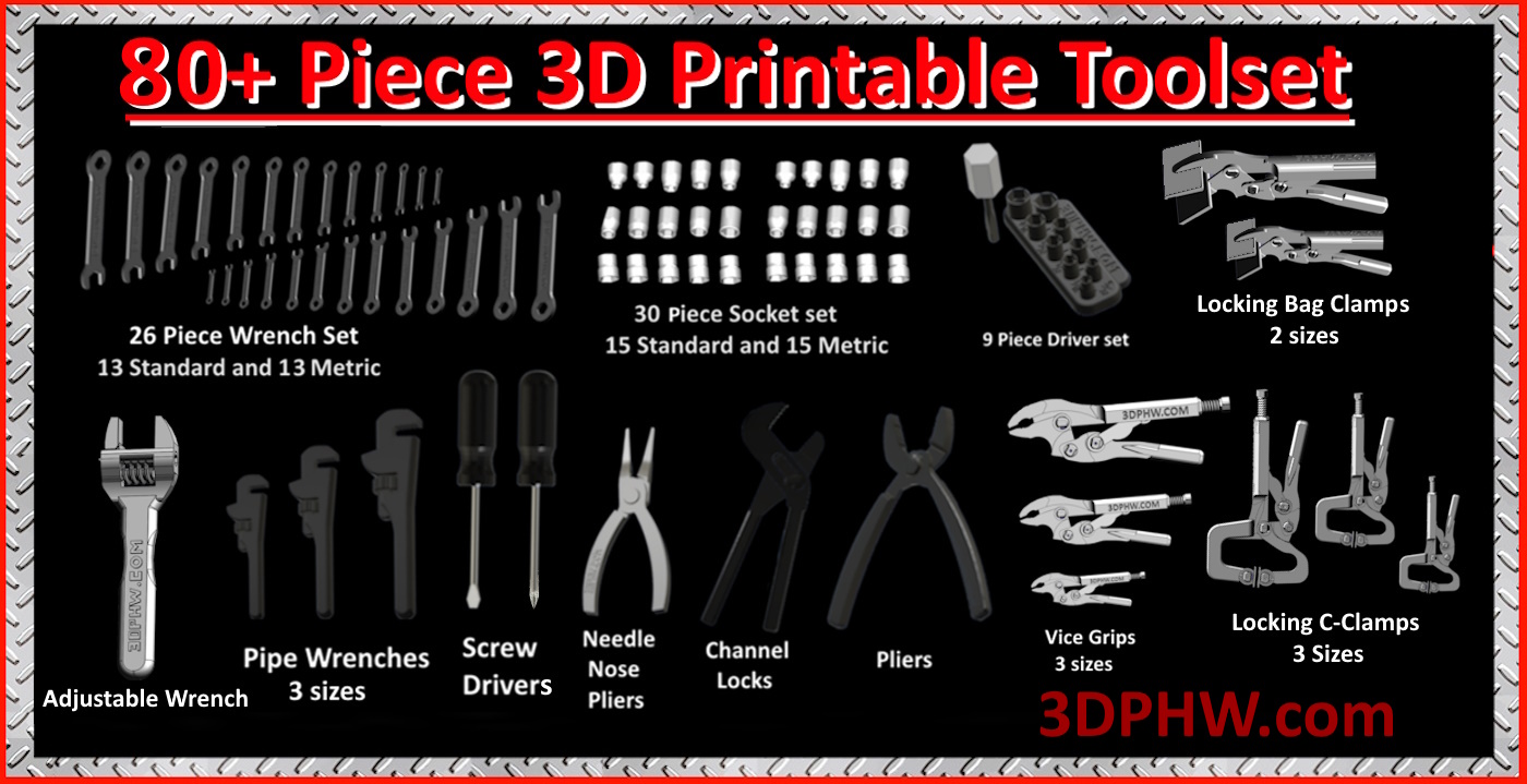 current products - 3d printed hardware 80 piece tool set including Adjustable Wrench, Pliers, Pipe Wrench, Channel Locks, 9 Piece Socket Set with 1/4 inch Driver, 30 piece 1/2inch socket set, Vice Grips style Locking pliers, Locking C-Clamps, Locking Bag Clamp and Standard and Metric Wrench set